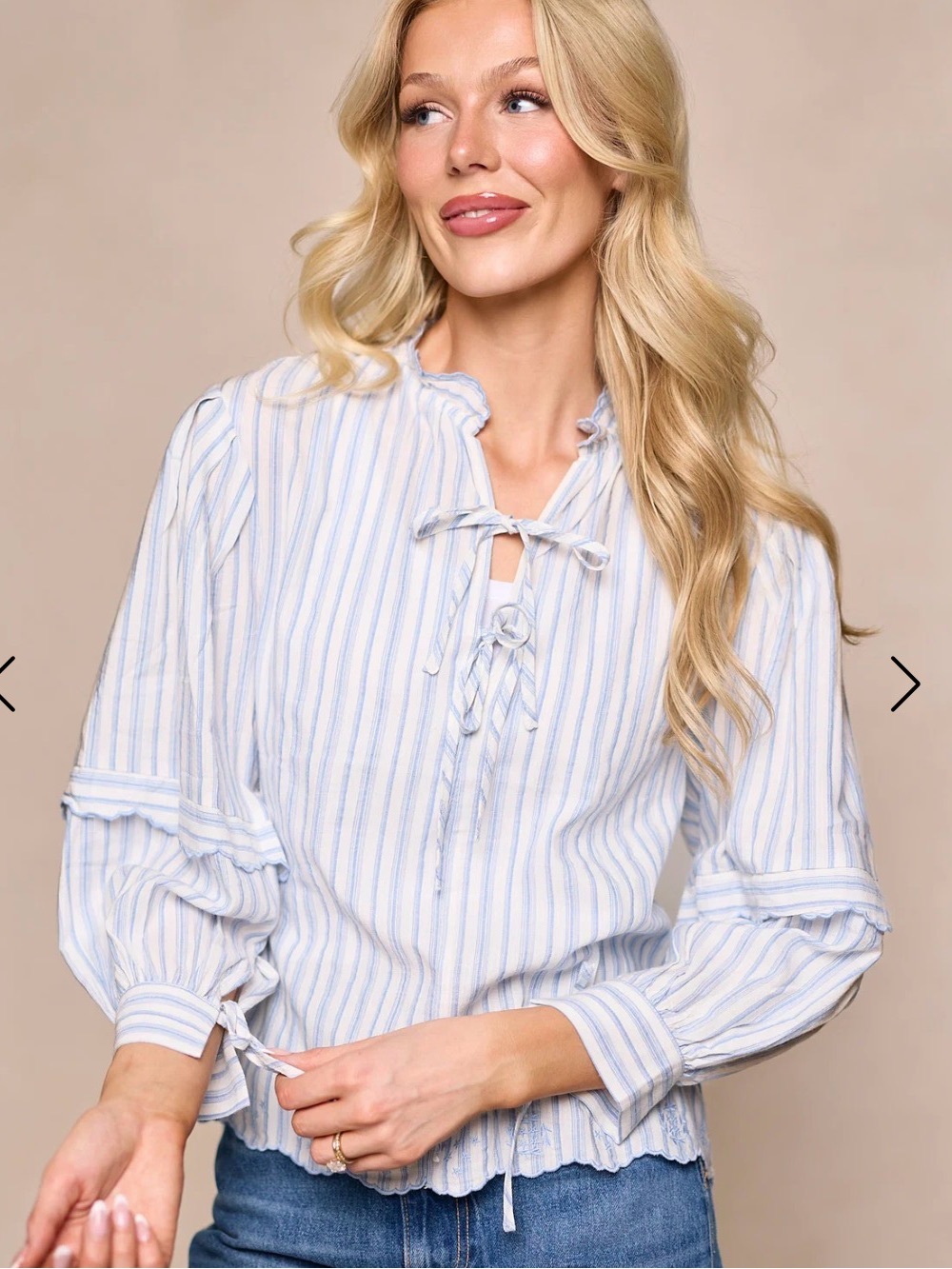 Ivy City Co Light Blue Stripe Tie-Neck Peasant Blouse
